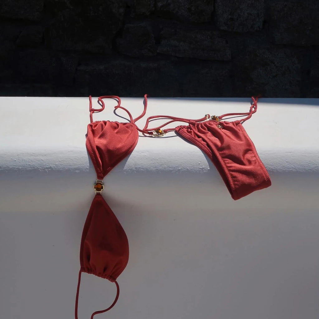 Bella Bikini Set | Micro Bandeau Swimwear, Pink with Bead Accents 14