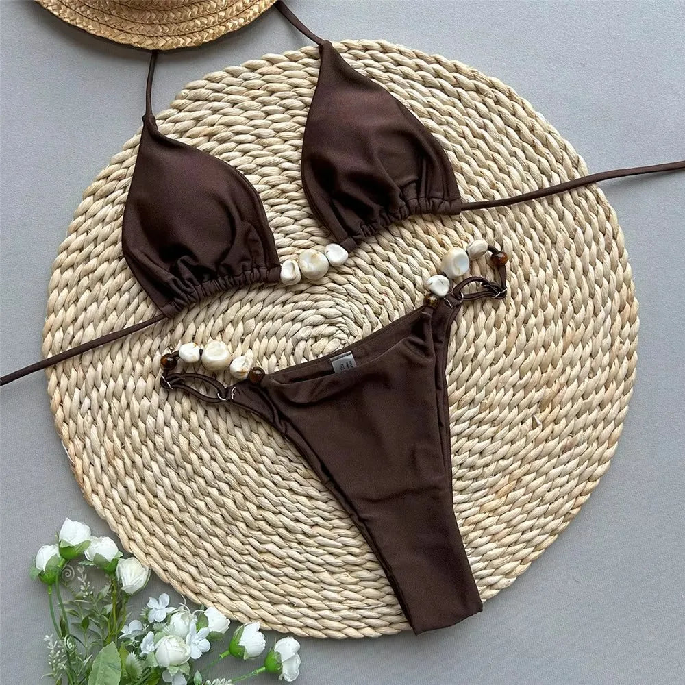 Sapphire Women's Thong Bikini Set | Sexy Halter Design, Bead String Detail 0