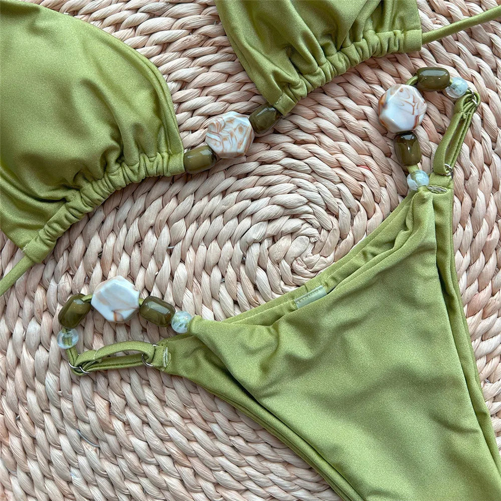 Sapphire Women's Thong Bikini Set | Sexy Halter Design, Bead String Detail 3