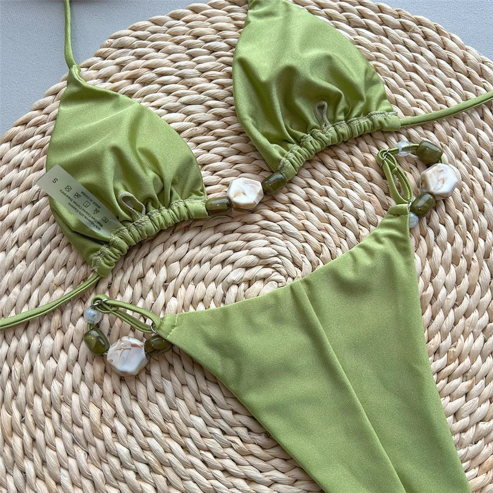 Sapphire Women's Thong Bikini Set | Sexy Halter Design, Bead String Detail 4