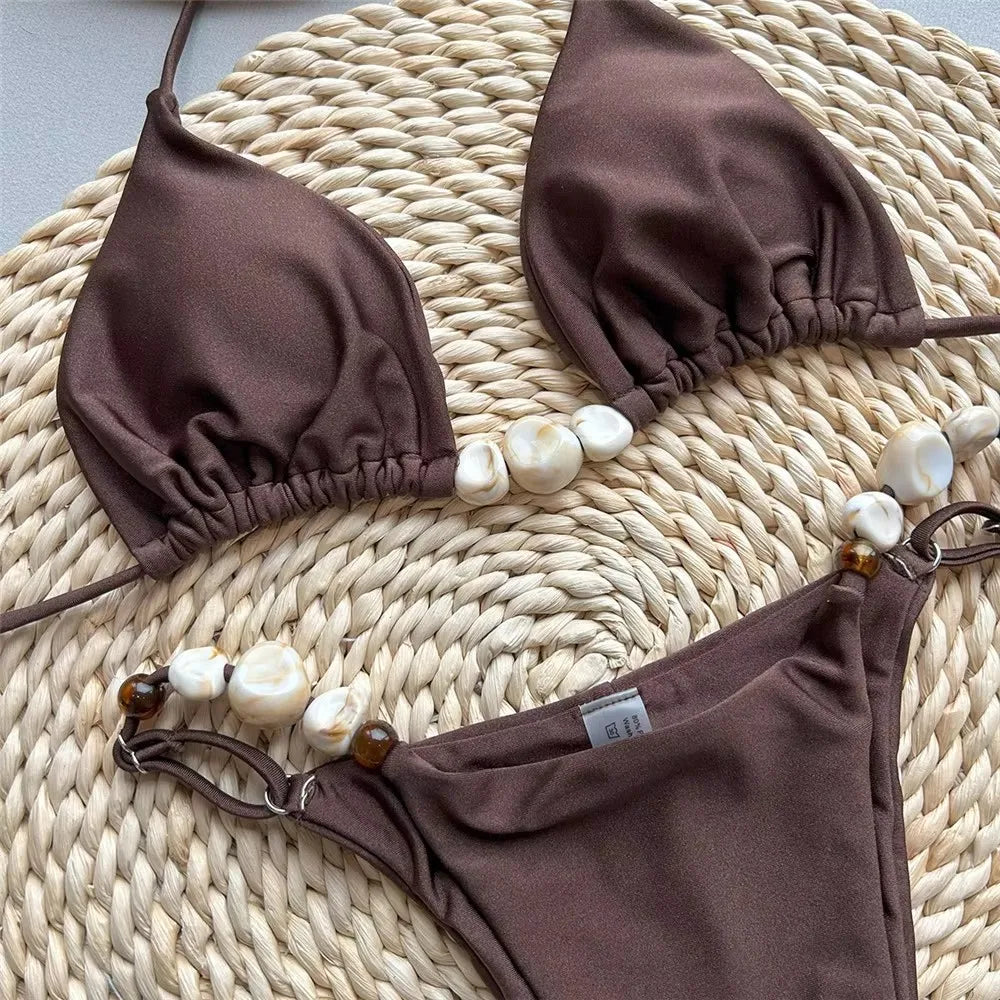 Sapphire Women's Thong Bikini Set | Sexy Halter Design, Bead String Detail 5